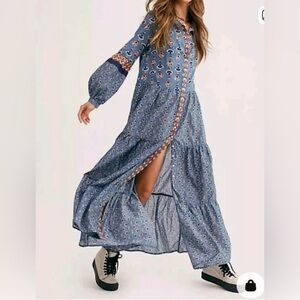 Free People  Papillon Maxi Dress Small Button Down Dress Bohemian Sheer Cotton